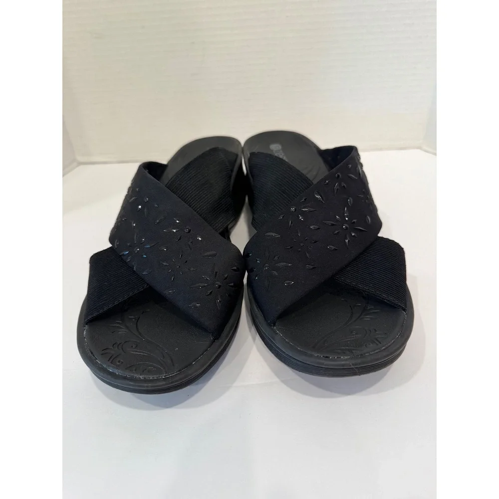 Bzees Desire Slide Black Stretch Criss Cross Comfort Wedge Sandals Sz 11M